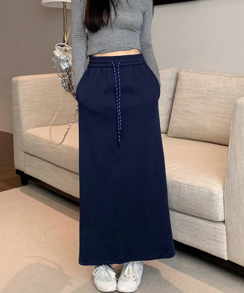 スウェットロングスカート バックスリット 薄手スカート レディース ウエストゴム ストレートスカート ハイウエスト ポケット付き 体型カバー 動きやすいボトムス 24SKT-002