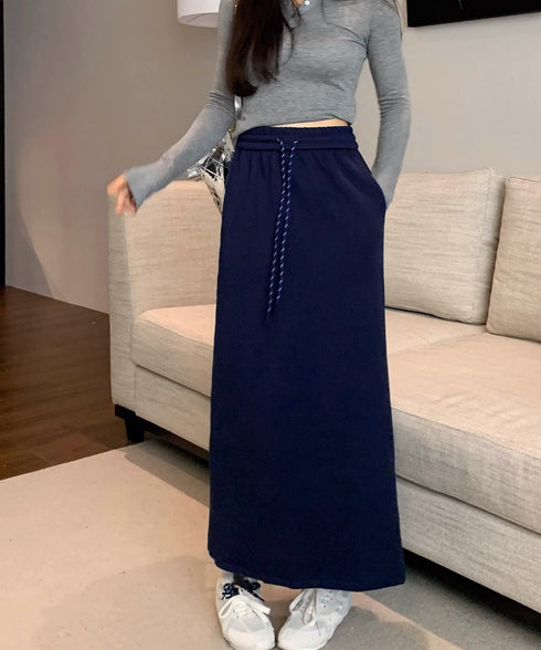 スウェットロングスカート バックスリット 薄手スカート レディース ウエストゴム ストレートスカート ハイウエスト ポケット付き 体型カバー 動きやすいボトムス 24SKT-002