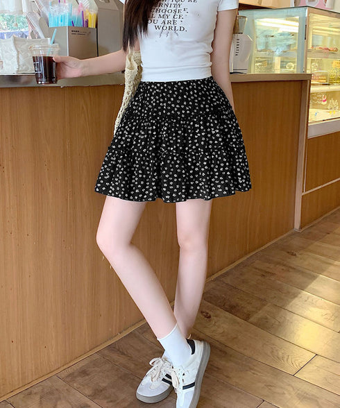ティアードスカート 小花柄ミニ丈スカート レディース ハイウエスト ショート丈スカート インナーパンツ付きAラインスカート ウエストゴム 可愛い膝上丈スカート脚長 24SKT-004
