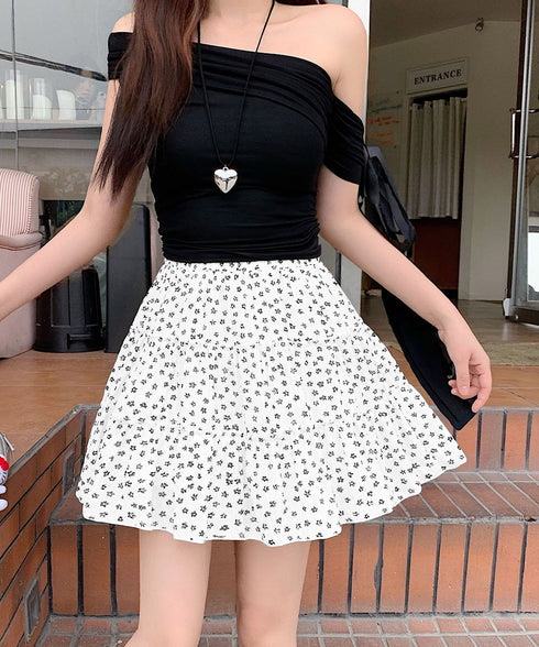 ティアードスカート 小花柄ミニ丈スカート レディース ハイウエスト ショート丈スカート インナーパンツ付きAラインスカート ウエストゴム 可愛い膝上丈スカート脚長 24SKT-004