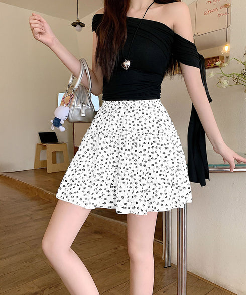 ティアードスカート 小花柄ミニ丈スカート レディース ハイウエスト ショート丈スカート インナーパンツ付きAラインスカート ウエストゴム 可愛い膝上丈スカート脚長 24SKT-004