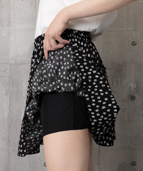 ティアードスカート 小花柄ミニ丈スカート レディース ハイウエスト ショート丈スカート インナーパンツ付きAラインスカート ウエストゴム 可愛い膝上丈スカート脚長 24SKT-004