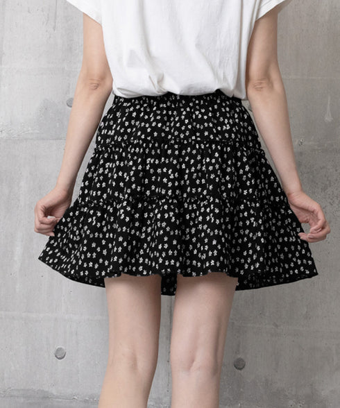 ティアードスカート 小花柄ミニ丈スカート レディース ハイウエスト ショート丈スカート インナーパンツ付きAラインスカート ウエストゴム 可愛い膝上丈スカート脚長 24SKT-004