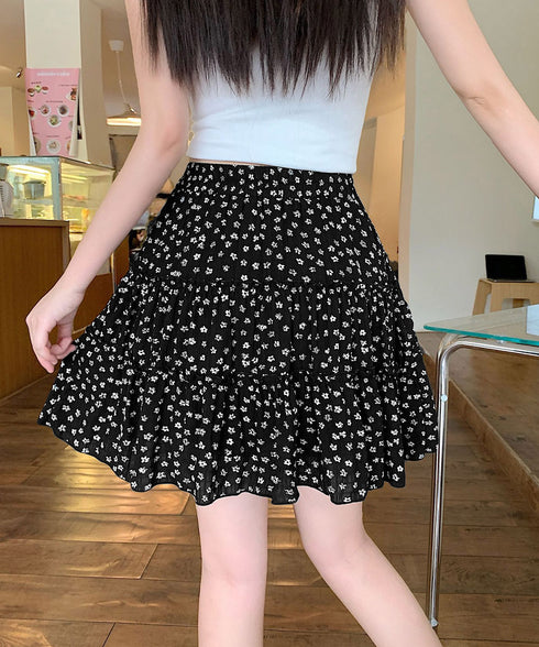 ティアードスカート 小花柄ミニ丈スカート レディース ハイウエスト ショート丈スカート インナーパンツ付きAラインスカート ウエストゴム 可愛い膝上丈スカート脚長 24SKT-004