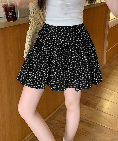ティアードスカート 小花柄ミニ丈スカート レディース ハイウエスト ショート丈スカート インナーパンツ付きAラインスカート ウエストゴム 可愛い膝上丈スカート脚長 24SKT-004