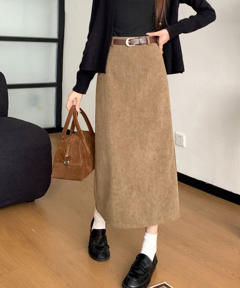コーデュロイタイトスカート ベルト付き バックスリット ミモレ丈スカート レディース Aラインスカート 韓国風 普段着スカート ハイウエスト お洒落スカート秋冬 24SKT-006