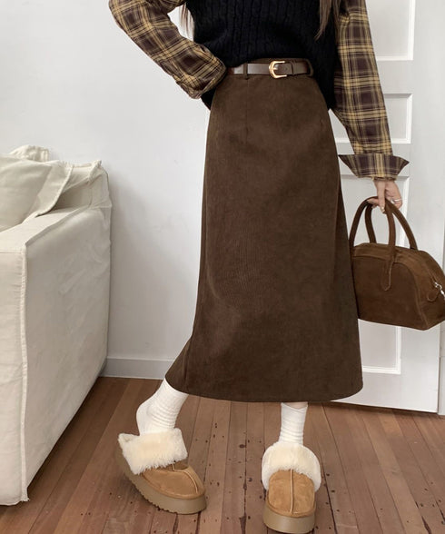 コーデュロイタイトスカート ベルト付き バックスリット ミモレ丈スカート レディース Aラインスカート 韓国風 普段着スカート ハイウエスト お洒落スカート秋冬 24SKT-006