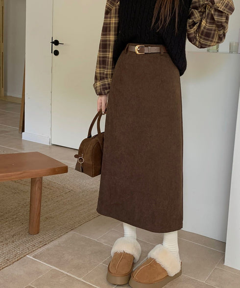 コーデュロイタイトスカート ベルト付き バックスリット ミモレ丈スカート レディース Aラインスカート 韓国風 普段着スカート ハイウエスト お洒落スカート秋冬 24SKT-006