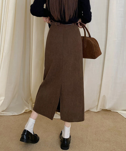 コーデュロイタイトスカート ベルト付き バックスリット ミモレ丈スカート レディース Aラインスカート 韓国風 普段着スカート ハイウエスト お洒落スカート秋冬 24SKT-006