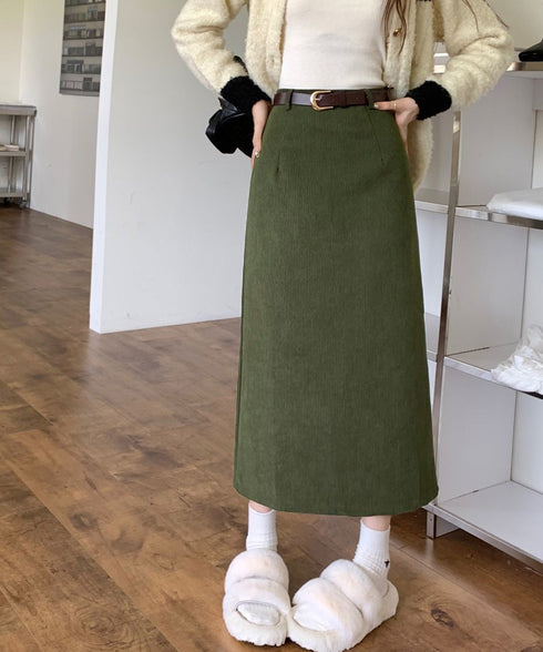 コーデュロイタイトスカート ベルト付き バックスリット ミモレ丈スカート レディース Aラインスカート 韓国風 普段着スカート ハイウエスト お洒落スカート秋冬 24SKT-006
