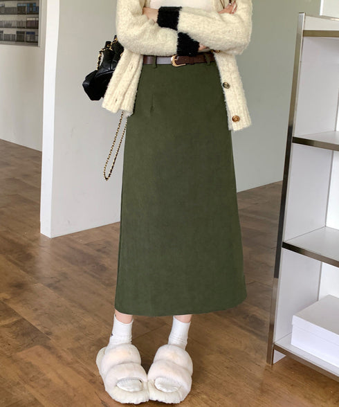 コーデュロイタイトスカート ベルト付き バックスリット ミモレ丈スカート レディース Aラインスカート 韓国風 普段着スカート ハイウエスト お洒落スカート秋冬 24SKT-006