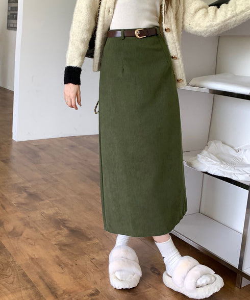 コーデュロイタイトスカート ベルト付き バックスリット ミモレ丈スカート レディース Aラインスカート 韓国風 普段着スカート ハイウエスト お洒落スカート秋冬 24SKT-006