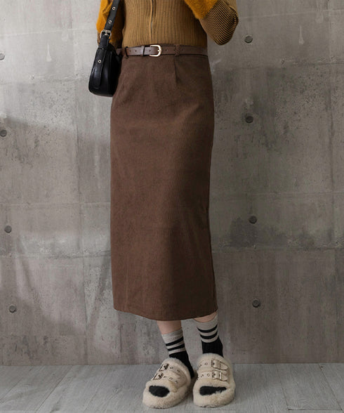 コーデュロイタイトスカート ベルト付き バックスリット ミモレ丈スカート レディース Aラインスカート 韓国風 普段着スカート ハイウエスト お洒落スカート秋冬 24SKT-006