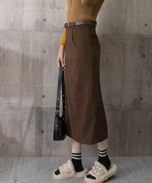コーデュロイタイトスカート ベルト付き バックスリット ミモレ丈スカート レディース Aラインスカート 韓国風 普段着スカート ハイウエスト お洒落スカート秋冬 24SKT-006