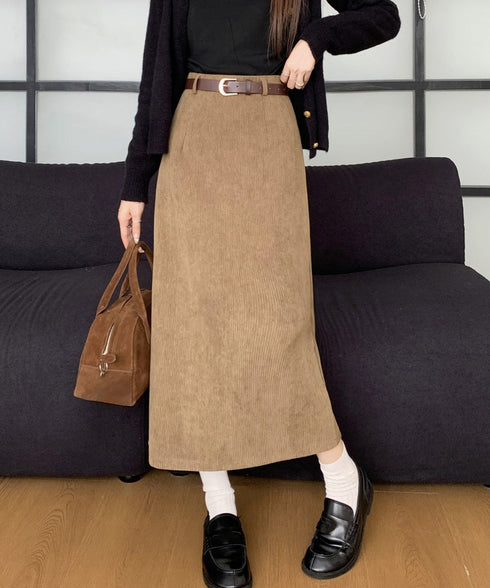 コーデュロイタイトスカート ベルト付き バックスリット ミモレ丈スカート レディース Aラインスカート 韓国風 普段着スカート ハイウエスト お洒落スカート秋冬 24SKT-006