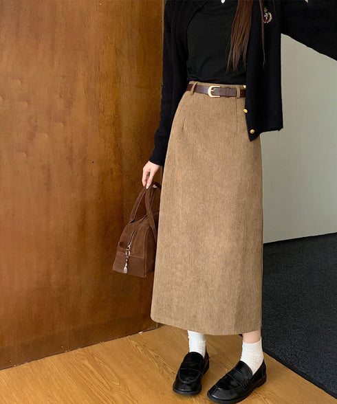 コーデュロイタイトスカート ベルト付き バックスリット ミモレ丈スカート レディース Aラインスカート 韓国風 普段着スカート ハイウエスト お洒落スカート秋冬 24SKT-006