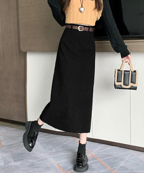 コーデュロイタイトスカート ベルト付き バックスリット ミモレ丈スカート レディース Aラインスカート 韓国風 普段着スカート ハイウエスト お洒落スカート秋冬 24SKT-006