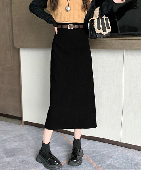 コーデュロイタイトスカート ベルト付き バックスリット ミモレ丈スカート レディース Aラインスカート 韓国風 普段着スカート ハイウエスト お洒落スカート秋冬 24SKT-006