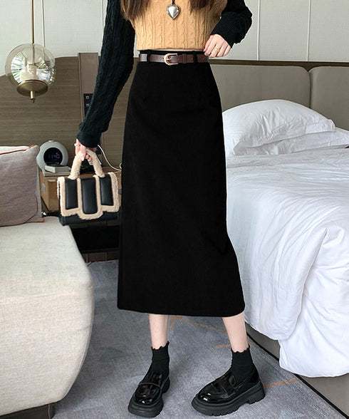 コーデュロイタイトスカート ベルト付き バックスリット ミモレ丈スカート レディース Aラインスカート 韓国風 普段着スカート ハイウエスト お洒落スカート秋冬 24SKT-006
