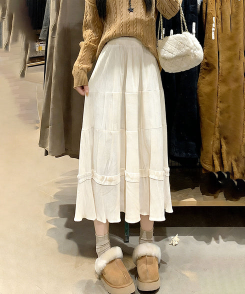 ティアードスカート コーデュロイスカート レディース ウエストゴム Aラインスカート 裏地付き 大人可愛いフレアスカート ハイウエスト ミモレスカート ナチュラル 24SKT-007
