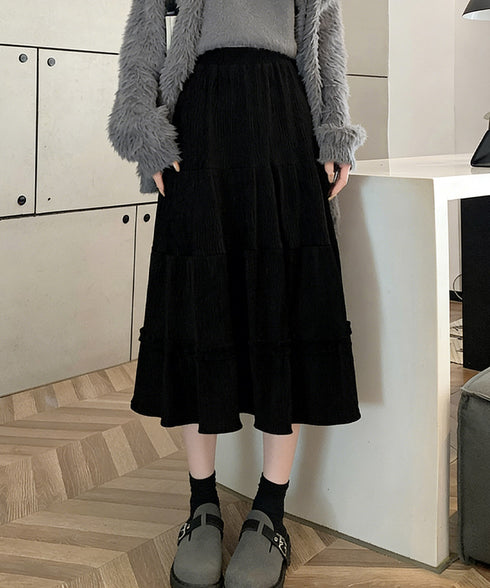 ティアードスカート コーデュロイスカート レディース ウエストゴム Aラインスカート 裏地付き 大人可愛いフレアスカート ハイウエスト ミモレスカート ナチュラル 24SKT-007