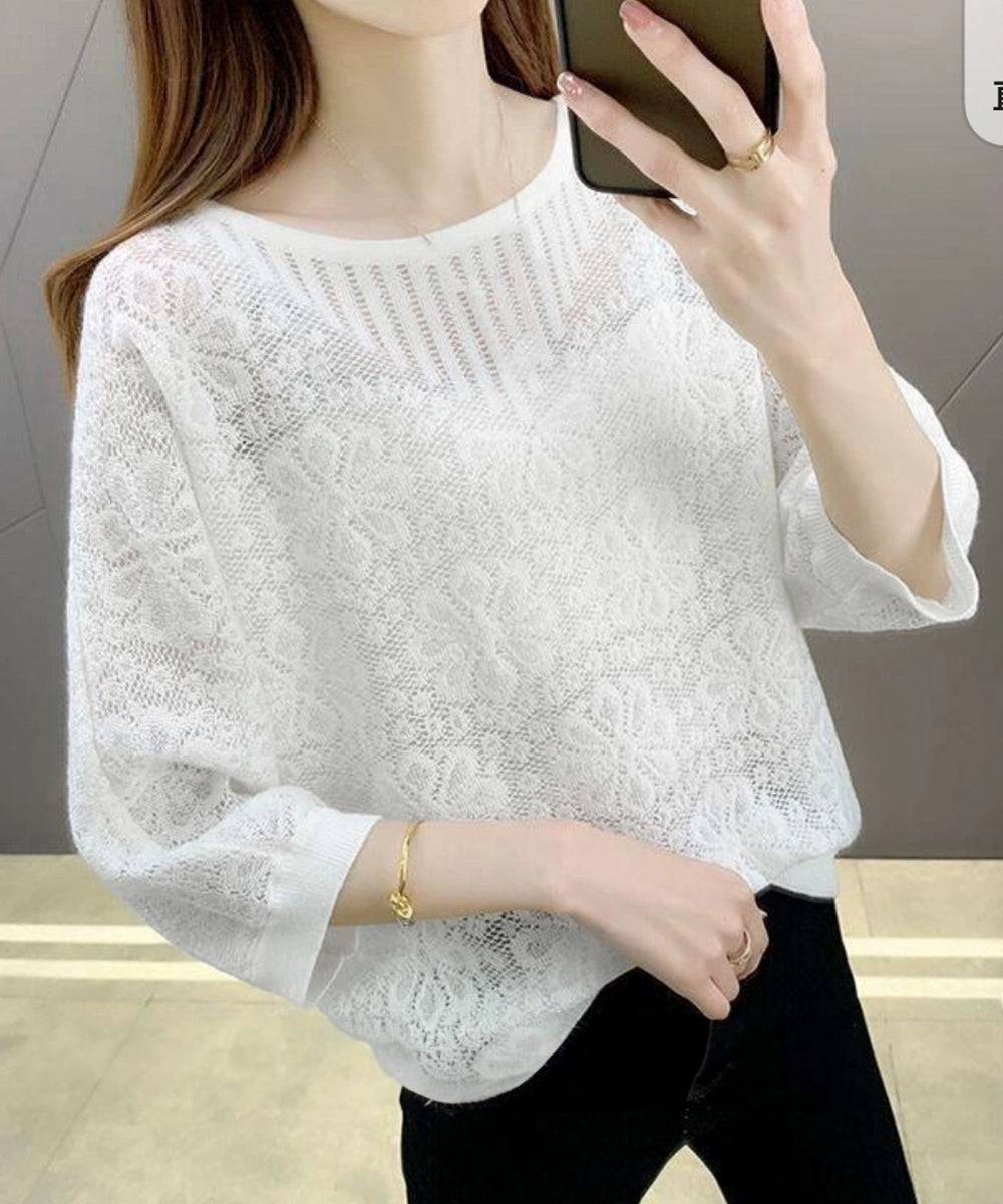 サマーニット 七分袖透かし編みトップス 詳細画像1