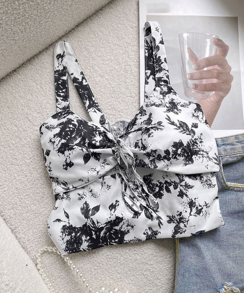 カップ付きキャミソール 水墨柄ブラトップ レディース バックシャーリング セクシーキャミ リゾート風 ノンワイヤー キャミブラ ショート丈 インク花柄ブラトップ 24TPS-004