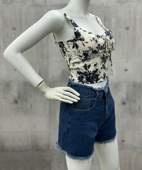 カップ付きキャミソール 水墨柄ブラトップ レディース バックシャーリング セクシーキャミ リゾート風 ノンワイヤー キャミブラ ショート丈 インク花柄ブラトップ 24TPS-004