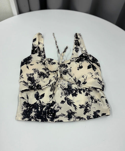 カップ付きキャミソール 水墨柄ブラトップ レディース バックシャーリング セクシーキャミ リゾート風 ノンワイヤー キャミブラ ショート丈 インク花柄ブラトップ 24TPS-004