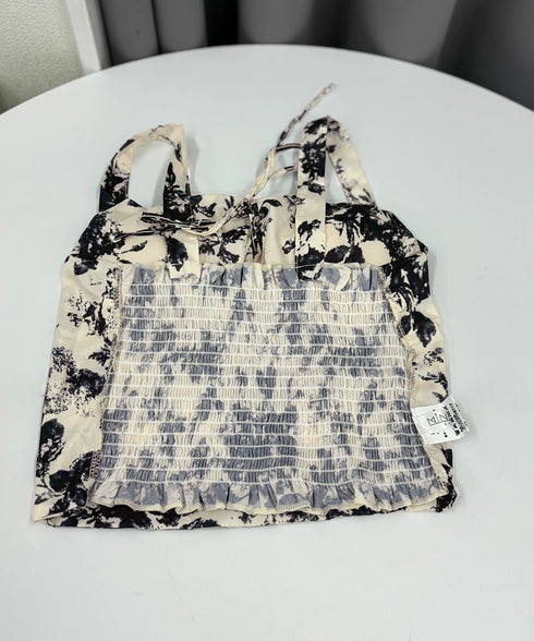 カップ付きキャミソール 水墨柄ブラトップ レディース バックシャーリング セクシーキャミ リゾート風 ノンワイヤー キャミブラ ショート丈 インク花柄ブラトップ 24TPS-004