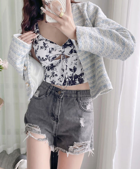 カップ付きキャミソール 水墨柄ブラトップ レディース バックシャーリング セクシーキャミ リゾート風 ノンワイヤー キャミブラ ショート丈 インク花柄ブラトップ 24TPS-004