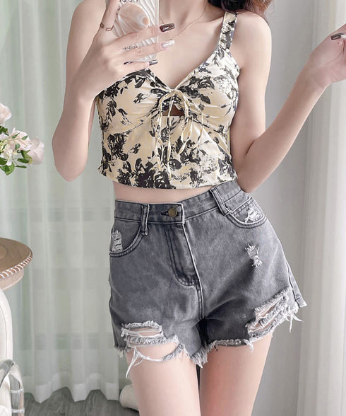 カップ付きキャミソール 水墨柄ブラトップ レディース バックシャーリング セクシーキャミ リゾート風 ノンワイヤー キャミブラ ショート丈 インク花柄ブラトップ 24TPS-004