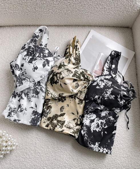 カップ付きキャミソール 水墨柄ブラトップ レディース バックシャーリング セクシーキャミ リゾート風 ノンワイヤー キャミブラ ショート丈 インク花柄ブラトップ 24TPS-004