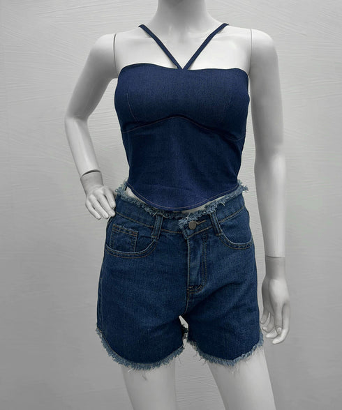 デニム風キャミソールカップ付きブラトップ レディース バックシャーリング セクシーキャミ 見せる下着 ホルターネック インナートップ 韓国風 ショート丈ブラトップ 24TPS-005