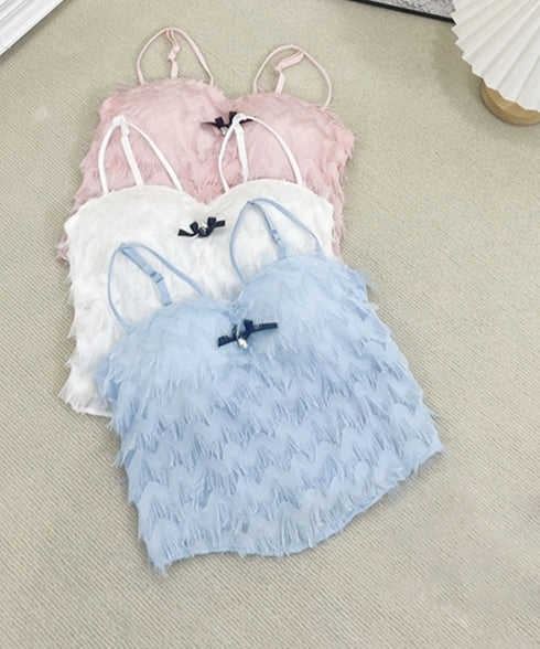 フリンジキャミソールカップ付きブラトップ クロップド丈 見せインナー バックシャーリング セクシーキャミ 背中見せインナートップス ノンワイヤー リボンキャミブラ 24TPS-006