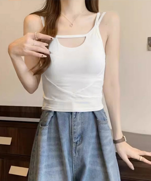 カップ付きキャミソールセクシー胸元韓国風 キャミインナー レディース ダブルストラップ ブラトップ カットアウト 下着 大人可愛い インナーウェア シンプル 肌着 24TPS-009