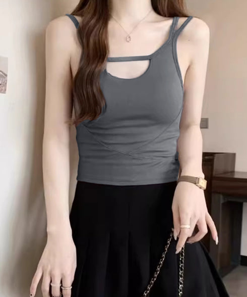 カップ付きキャミソールセクシー胸元韓国風 キャミインナー レディース ダブルストラップ ブラトップ カットアウト 下着 大人可愛い インナーウェア シンプル 肌着 24TPS-009
