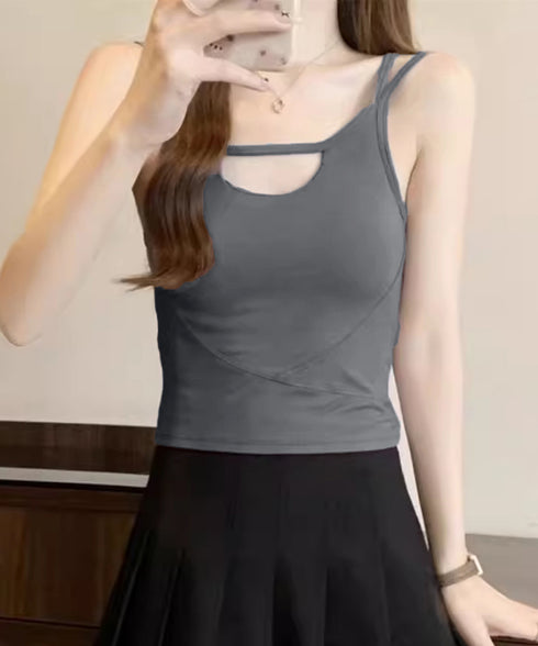 カップ付きキャミソールセクシー胸元韓国風 キャミインナー レディース ダブルストラップ ブラトップ カットアウト 下着 大人可愛い インナーウェア シンプル 肌着 24TPS-009