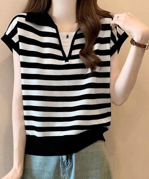 ボーダー柄サマーニット フレンチスリーブ レイヤード風ニットプルオーバー レディース ノースリーブ ニットTシャツ 体型カバー 春夏ポロニット 着やせ夏服 韓国風 24TPS-010
