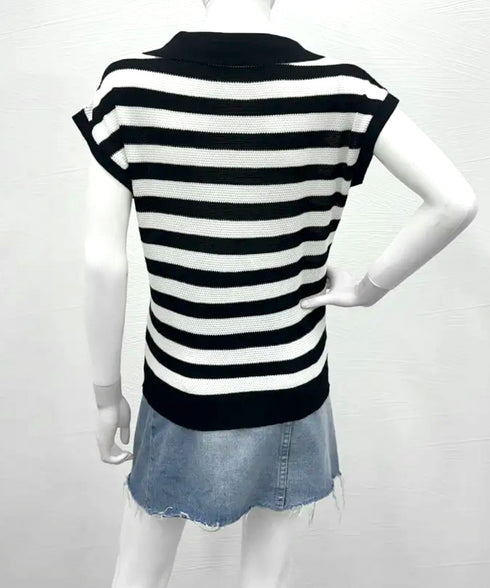 ボーダー柄サマーニット フレンチスリーブ レイヤード風ニットプルオーバー レディース ノースリーブ ニットTシャツ 体型カバー 春夏ポロニット 着やせ夏服 韓国風 24TPS-010