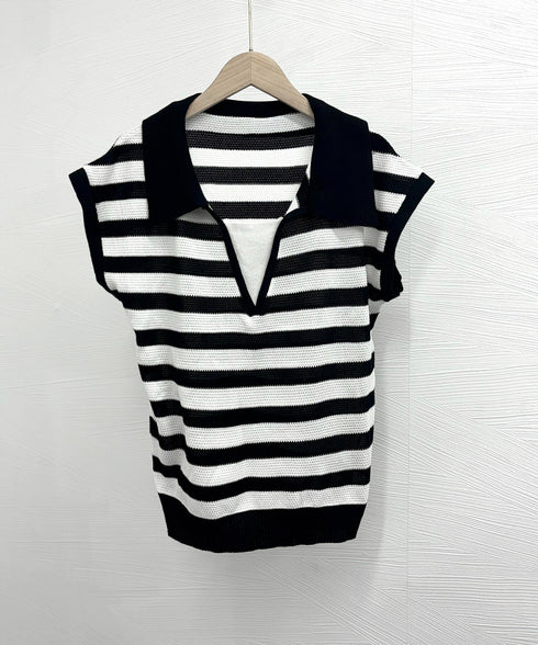 ボーダー柄サマーニット フレンチスリーブ レイヤード風ニットプルオーバー レディース ノースリーブ ニットTシャツ 体型カバー 春夏ポロニット 着やせ夏服 韓国風 24TPS-010