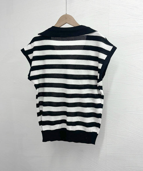ボーダー柄サマーニット フレンチスリーブ レイヤード風ニットプルオーバー レディース ノースリーブ ニットTシャツ 体型カバー 春夏ポロニット 着やせ夏服 韓国風 24TPS-010