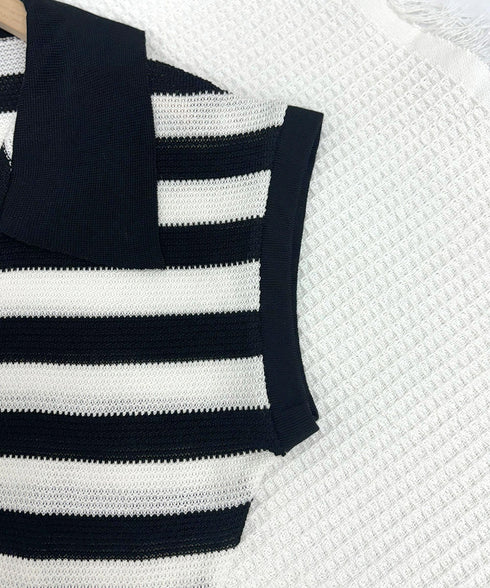 ボーダー柄サマーニット フレンチスリーブ レイヤード風ニットプルオーバー レディース ノースリーブ ニットTシャツ 体型カバー 春夏ポロニット 着やせ夏服 韓国風 24TPS-010