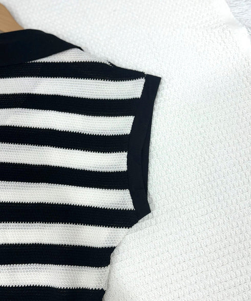 ボーダー柄サマーニット フレンチスリーブ レイヤード風ニットプルオーバー レディース ノースリーブ ニットTシャツ 体型カバー 春夏ポロニット 着やせ夏服 韓国風 24TPS-010