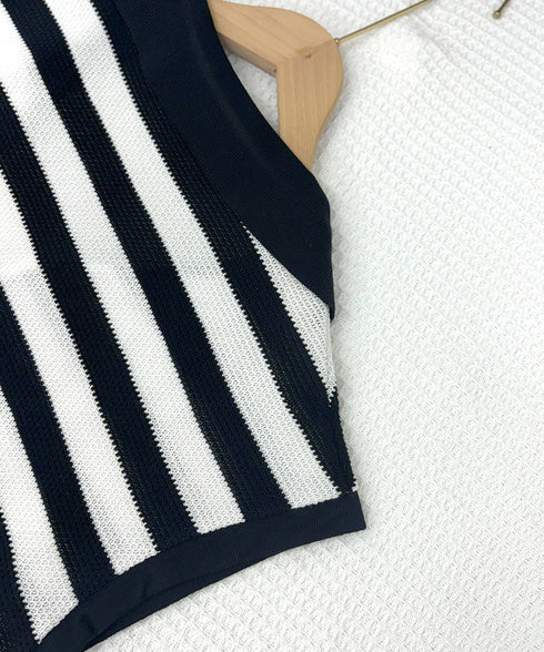 ボーダー柄サマーニット フレンチスリーブ レイヤード風ニットプルオーバー レディース ノースリーブ ニットTシャツ 体型カバー 春夏ポロニット 着やせ夏服 韓国風 24TPS-010