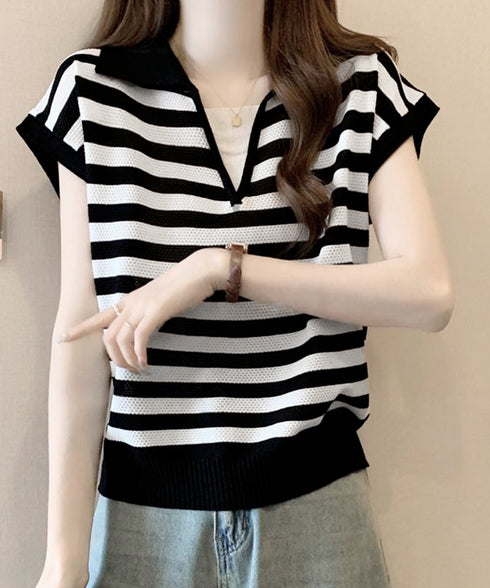 ボーダー柄サマーニット フレンチスリーブ レイヤード風ニットプルオーバー レディース ノースリーブ ニットTシャツ 体型カバー 春夏ポロニット 着やせ夏服 韓国風 24TPS-010