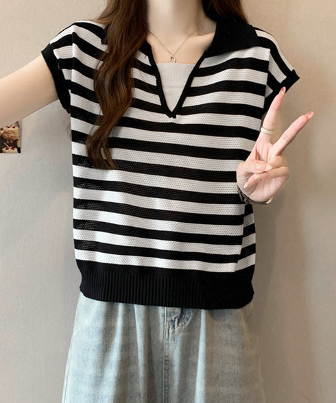 ボーダー柄サマーニット フレンチスリーブ レイヤード風ニットプルオーバー レディース ノースリーブ ニットTシャツ 体型カバー 春夏ポロニット 着やせ夏服 韓国風 24TPS-010