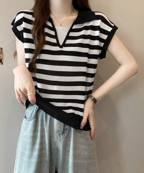 ボーダー柄サマーニット フレンチスリーブ レイヤード風ニットプルオーバー レディース ノースリーブ ニットTシャツ 体型カバー 春夏ポロニット 着やせ夏服 韓国風 24TPS-010