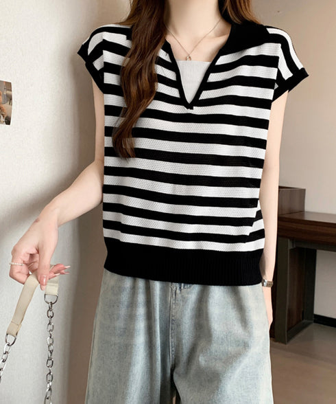 ボーダー柄サマーニット フレンチスリーブ レイヤード風ニットプルオーバー レディース ノースリーブ ニットTシャツ 体型カバー 春夏ポロニット 着やせ夏服 韓国風 24TPS-010