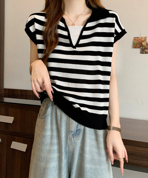 ボーダー柄サマーニット フレンチスリーブ レイヤード風ニットプルオーバー レディース ノースリーブ ニットTシャツ 体型カバー 春夏ポロニット 着やせ夏服 韓国風 24TPS-010